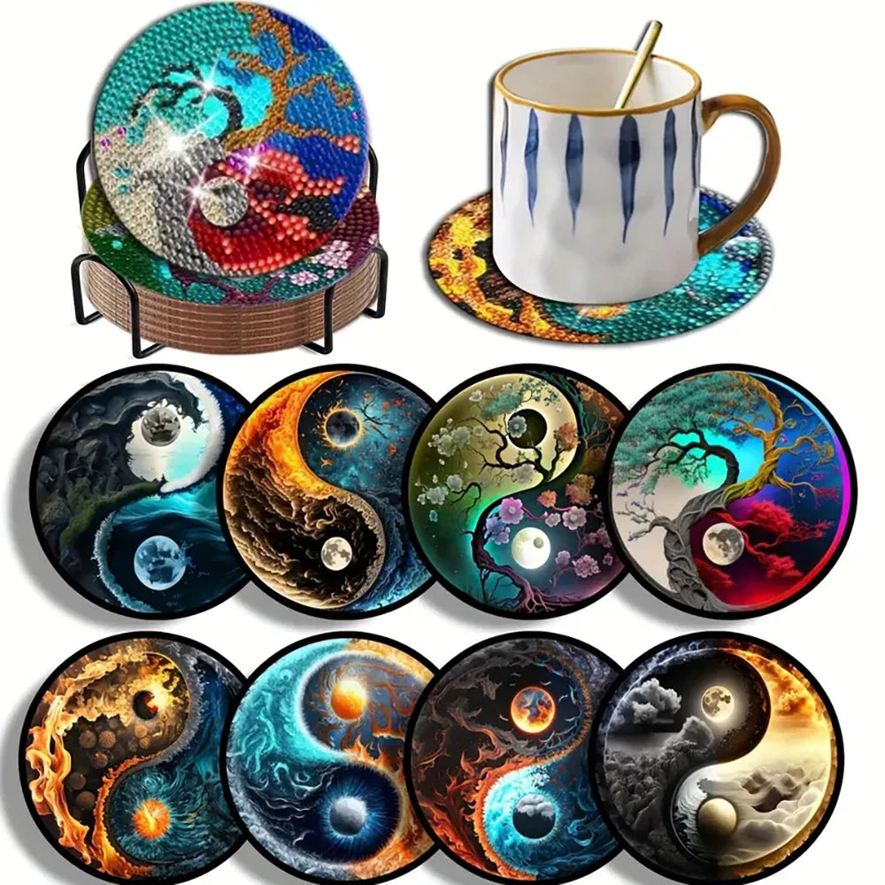 A set of eight DIY diamond art coasters with a holder, featuring various nature and abstract designs.
