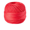 A ball of bright red 100% cotton crochet thread for tatting and embroidery.