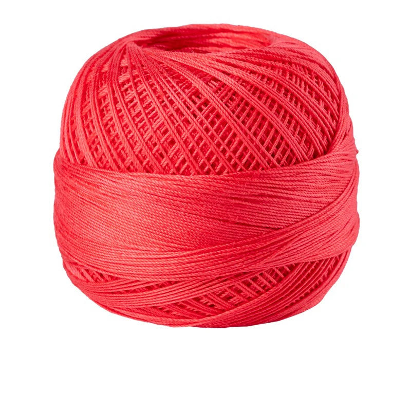 A ball of bright red 100% cotton crochet thread for tatting and embroidery.