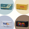 Three industrial storage boxes: a blue JR box, a yellow DHL box, and a black FedEx ONE Ocean Network Express box.