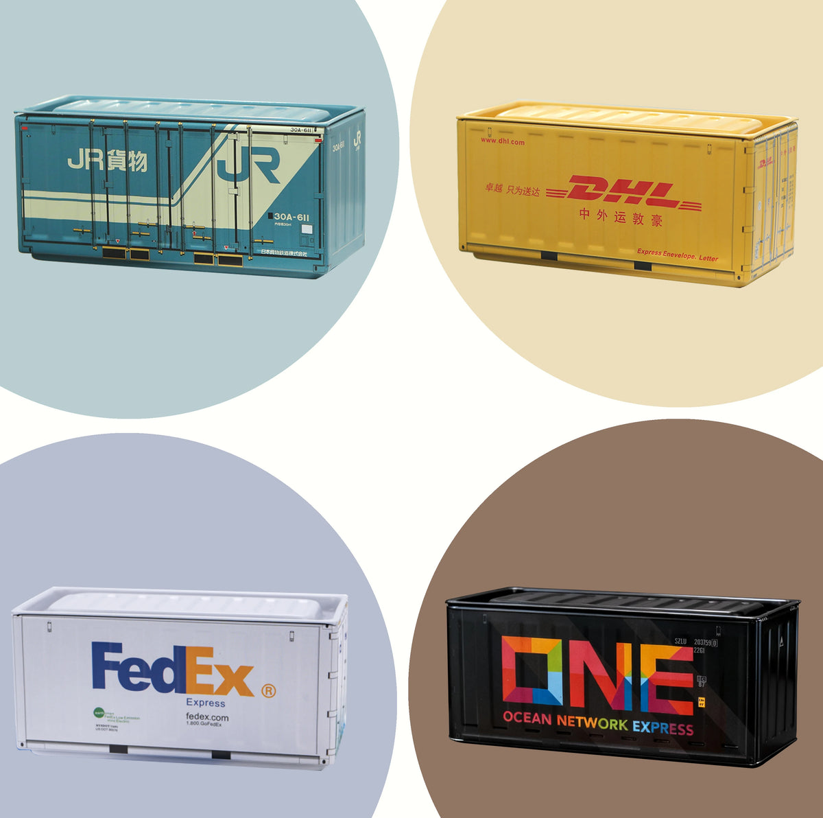 Three industrial storage boxes: a blue JR box, a yellow DHL box, and a black FedEx ONE Ocean Network Express box.