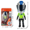 A 1:12 scale die-cast motorcycle model featuring a helmeted rider figurine in green and blue.