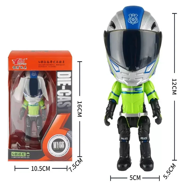 A 1:12 scale die-cast motorcycle model featuring a helmeted rider figurine in green and blue.
