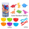A set of colorful animal toys and sorting bowls for children's color and counting learning.
