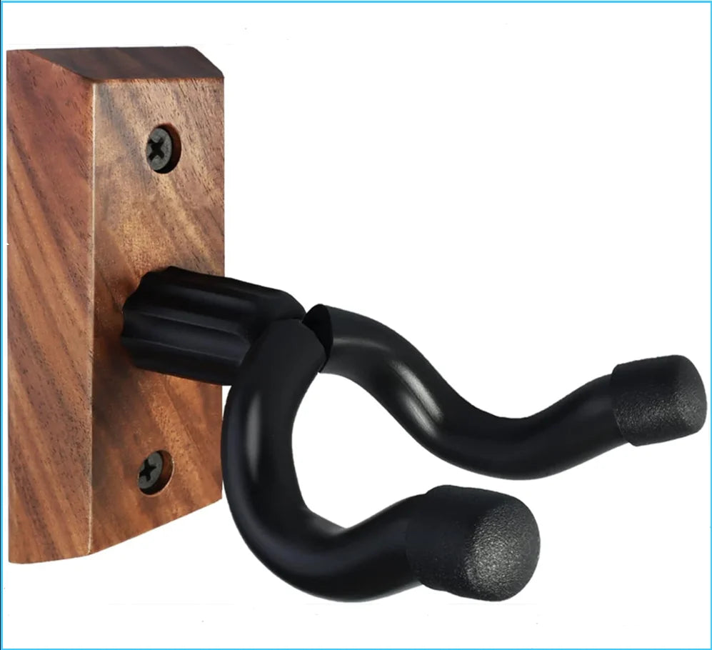 A black, curved wall mount hanger made of wood, designed to hold stringed instruments.
