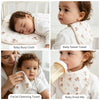 A set of soft cotton muslin baby washcloths shown in various uses including a burp cloth, sweat towel, facial cleansing towel