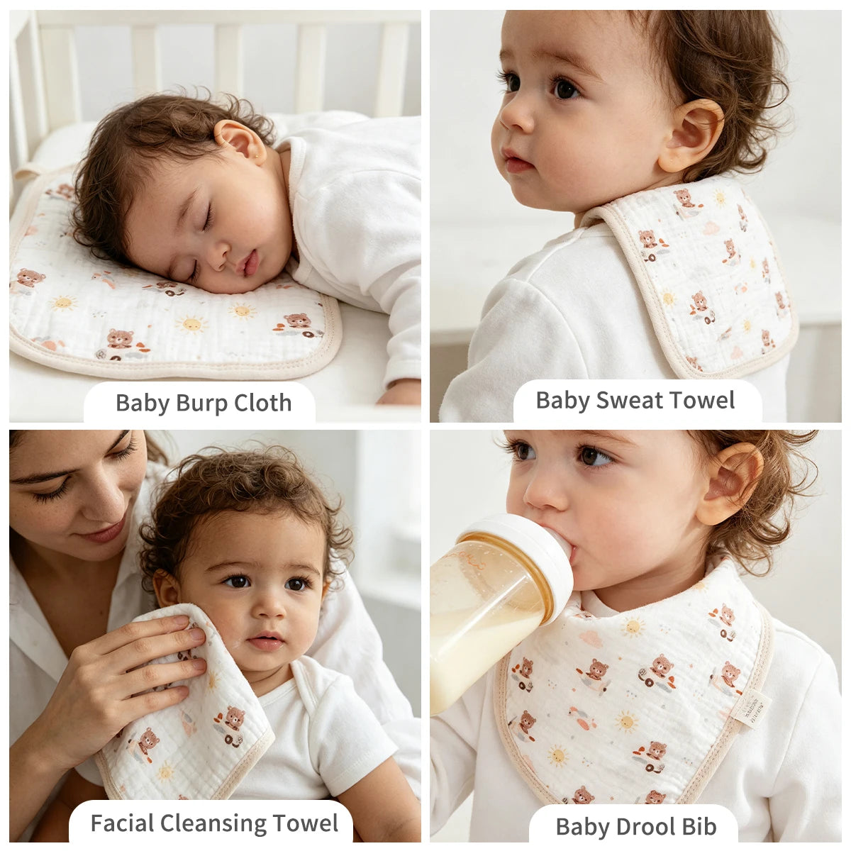 A set of soft cotton muslin baby washcloths shown in various uses including a burp cloth, sweat towel, facial cleansing towel
