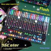 A set of 96 color double-headed flash markers with a glitter finish displayed in a plastic case.