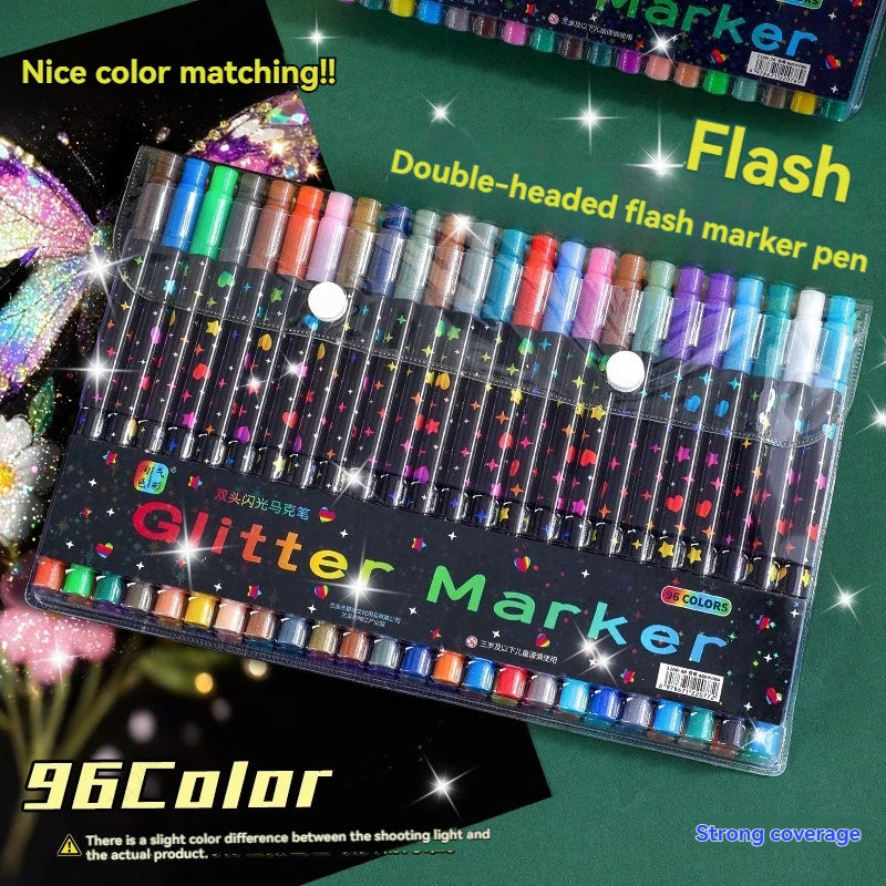 A set of 96 color double-headed flash markers with a glitter finish displayed in a plastic case.