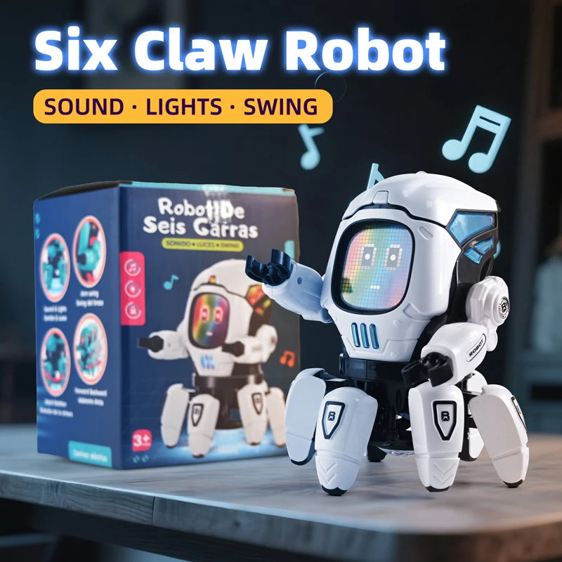 A white six claw robot toy is shown next to its packaging, with music notes floating around it.