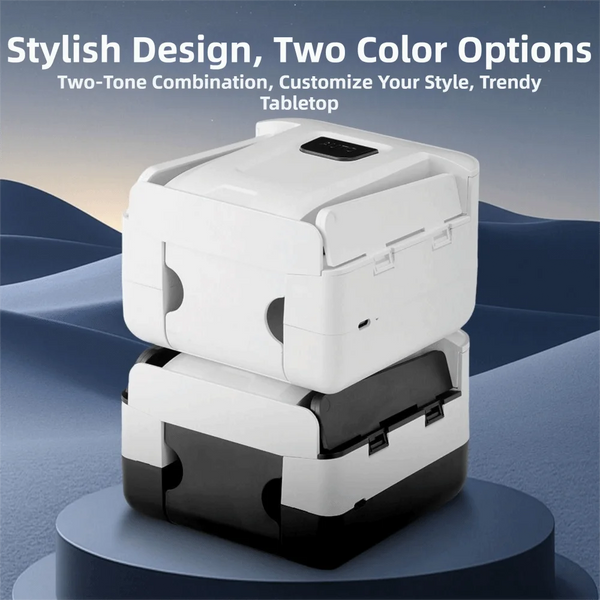 A white portable automatic card shuffler with a black accent is shown in a two-tone combination on a blue surface.