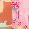 A pink pop-up play tent featuring a rocket ship design with colorful floral accents.
