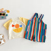 Colorful striped kids overalls featuring a raindrop print and yellow top