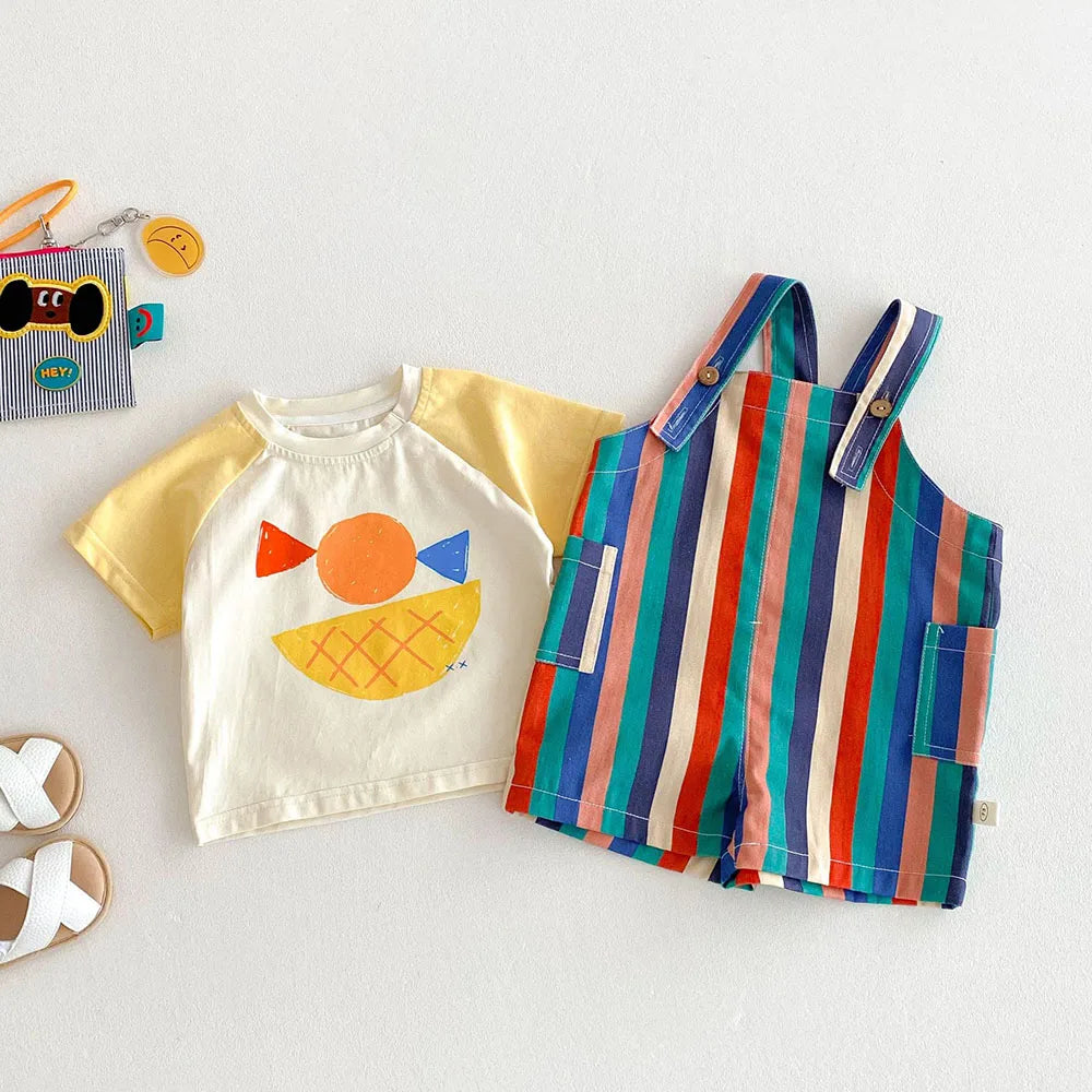 Colorful striped kids overalls featuring a raindrop print and yellow top
