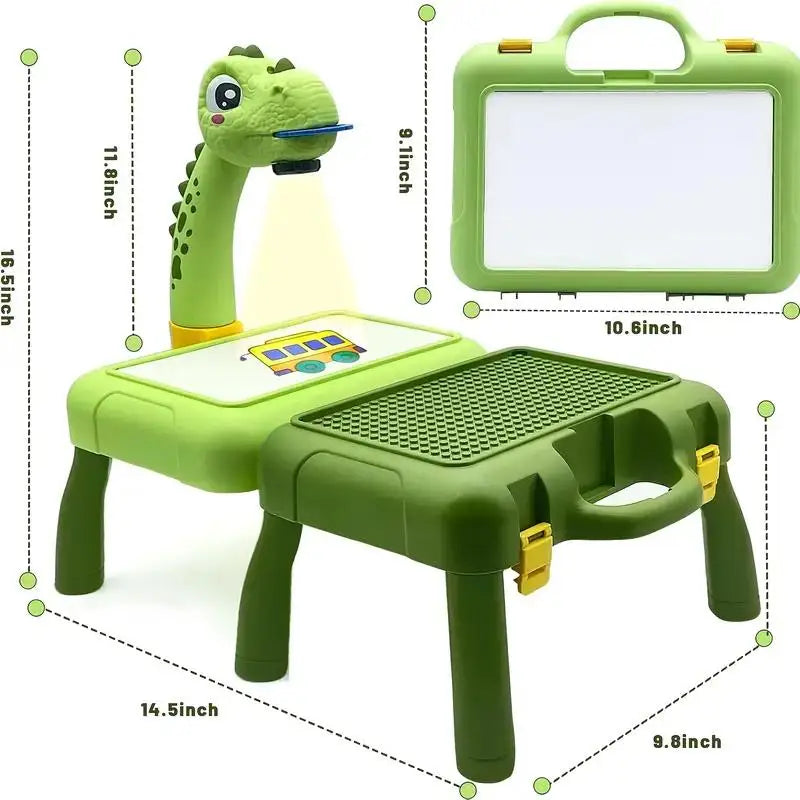A green kids drawing projector with a screen and a stand is shown, along with its accompanying carrying case.