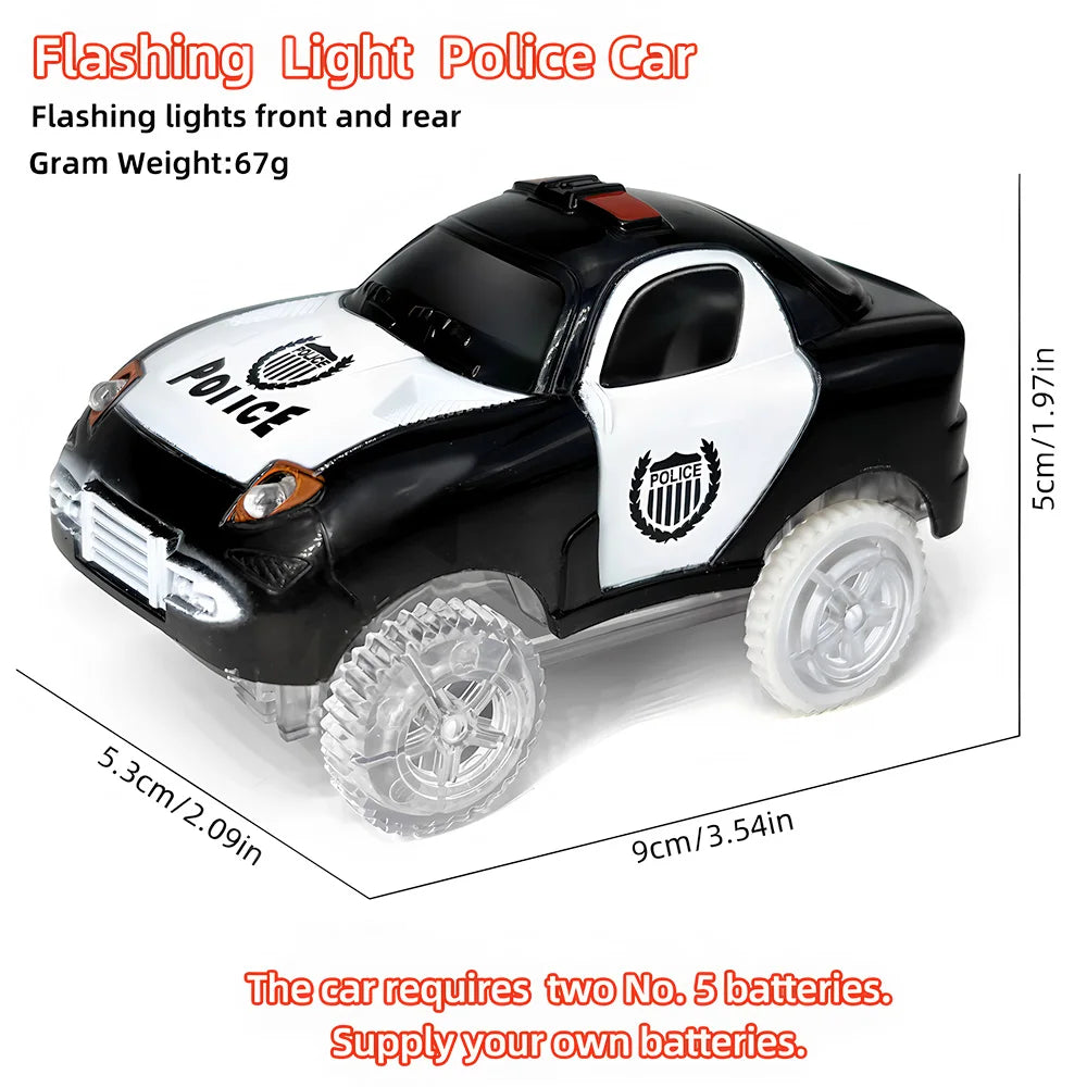 A black and white flashing light police car toy with transparent wheels.