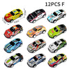 A collection of twelve diecast alloy racing cars in various colors and designs.