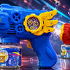Blasteppis für Bubblepistolen in Blau und Rot mit Blasen im Hintergrund
