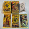 A collection of gold foil tarot cards featuring The Fool, The Empress, The Magician, The Fool, and The High Priestess.