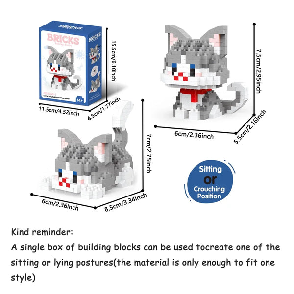 A set of building blocks shaped like a cute cat in a sitting or crouching position