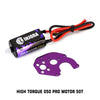 A black motor with red and orange wires and a purple plastic gear attached for an RC crawler.