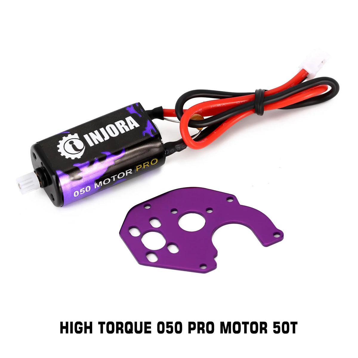 A black motor with red and orange wires and a purple plastic gear attached for an RC crawler.
