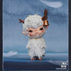 A white, fluffy creature with horns and a bell is depicted in a stylized figurine against a blue background.