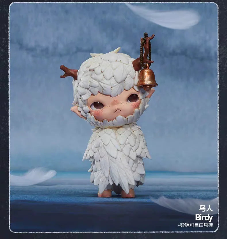 A white, fluffy creature with horns and a bell is depicted in a stylized figurine against a blue background.