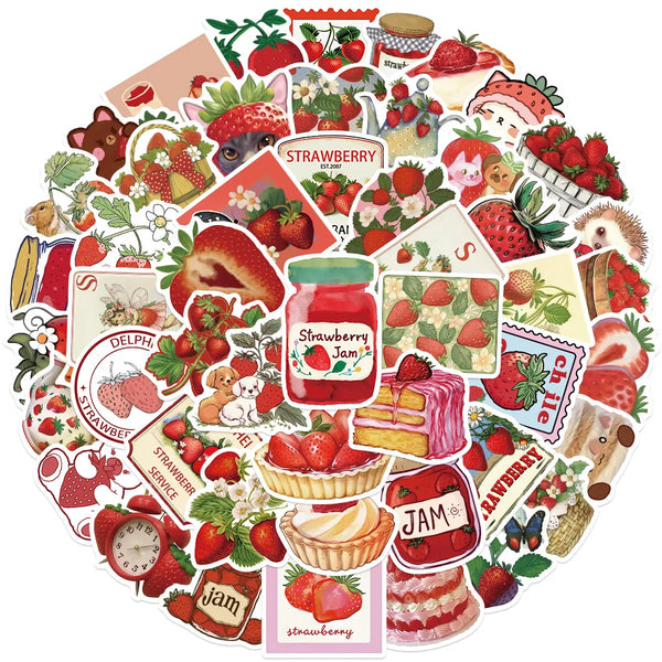 A collection of kawaii strawberry themed decals and stickers featuring various strawberry products and fruit designs.