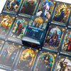 A collection of Stained Glass Tarot cards featuring various artistic illustrations and a central deck box.