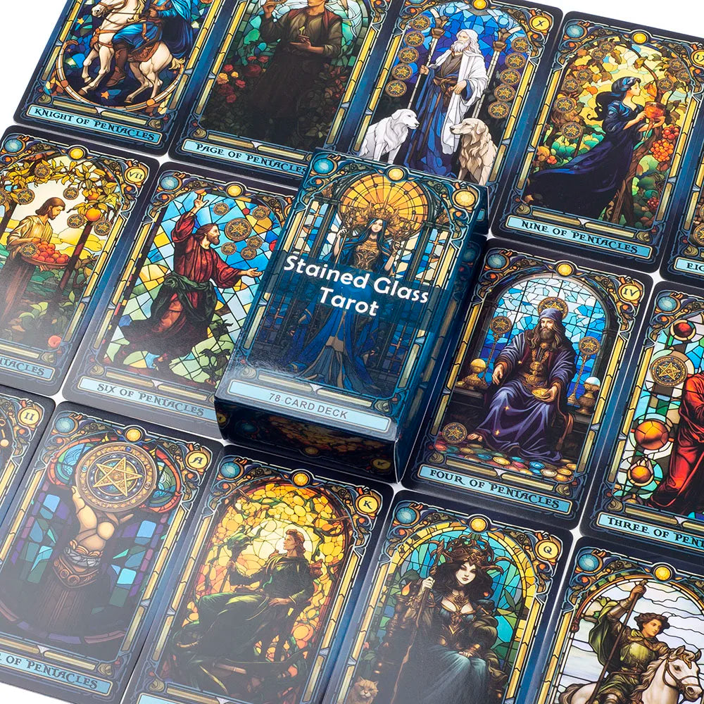 A collection of Stained Glass Tarot cards featuring various artistic illustrations and a central deck box.