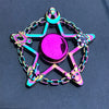A rainbow metal fidget spinner featuring a star shape and a smooth rotating disc.