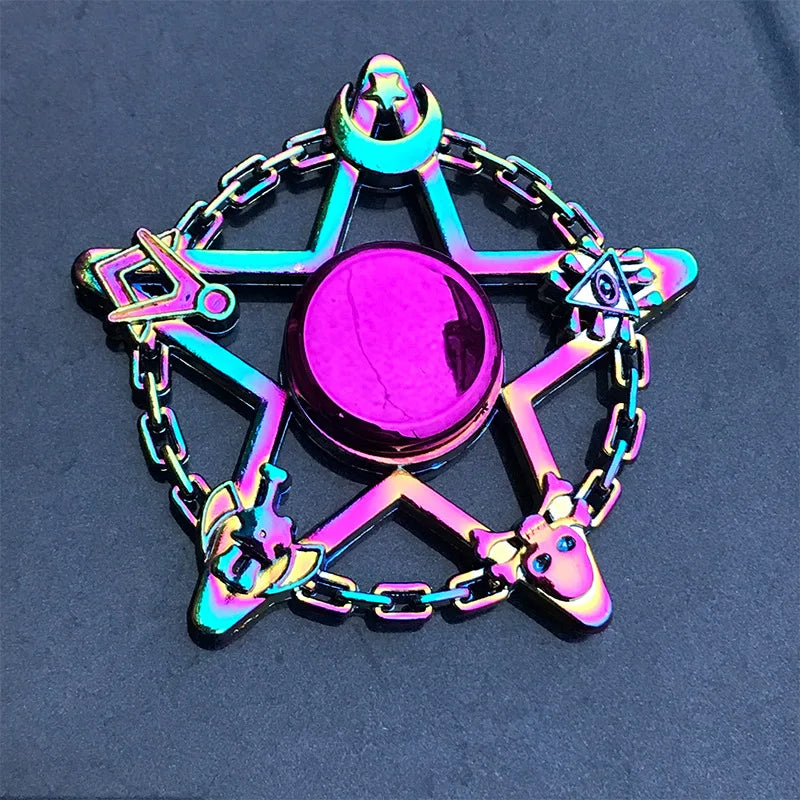 A rainbow metal fidget spinner featuring a star shape and a smooth rotating disc.
