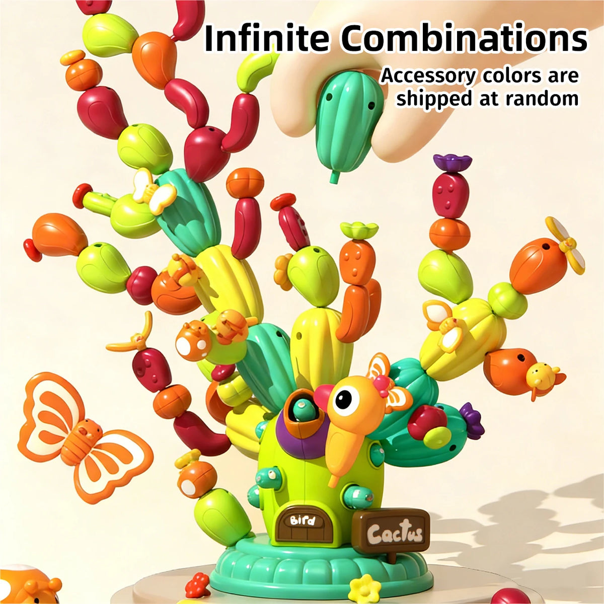 Colorful accessory building blocks shaped like plants and animals are shown in a hand, with random colors shipped.