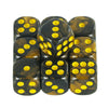 A set of ten black dice with yellow dots, used for board games and RPGs.
