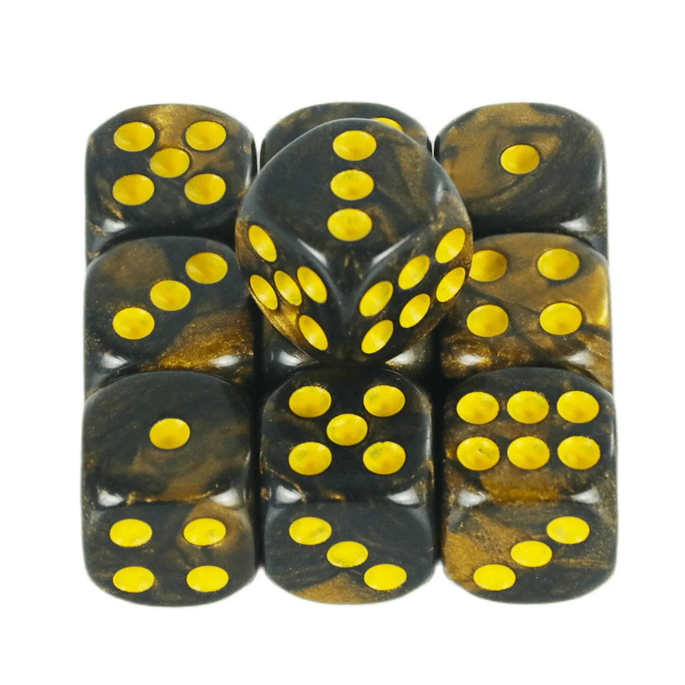 A set of ten black dice with yellow dots, used for board games and RPGs.