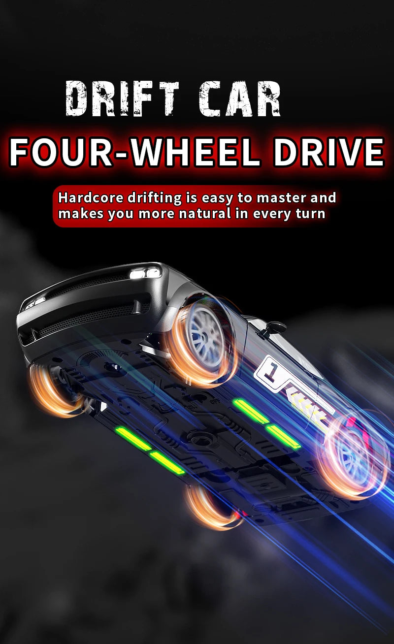 A black drift car with glowing orange and blue lights is shown in a dynamic, low-angle shot.