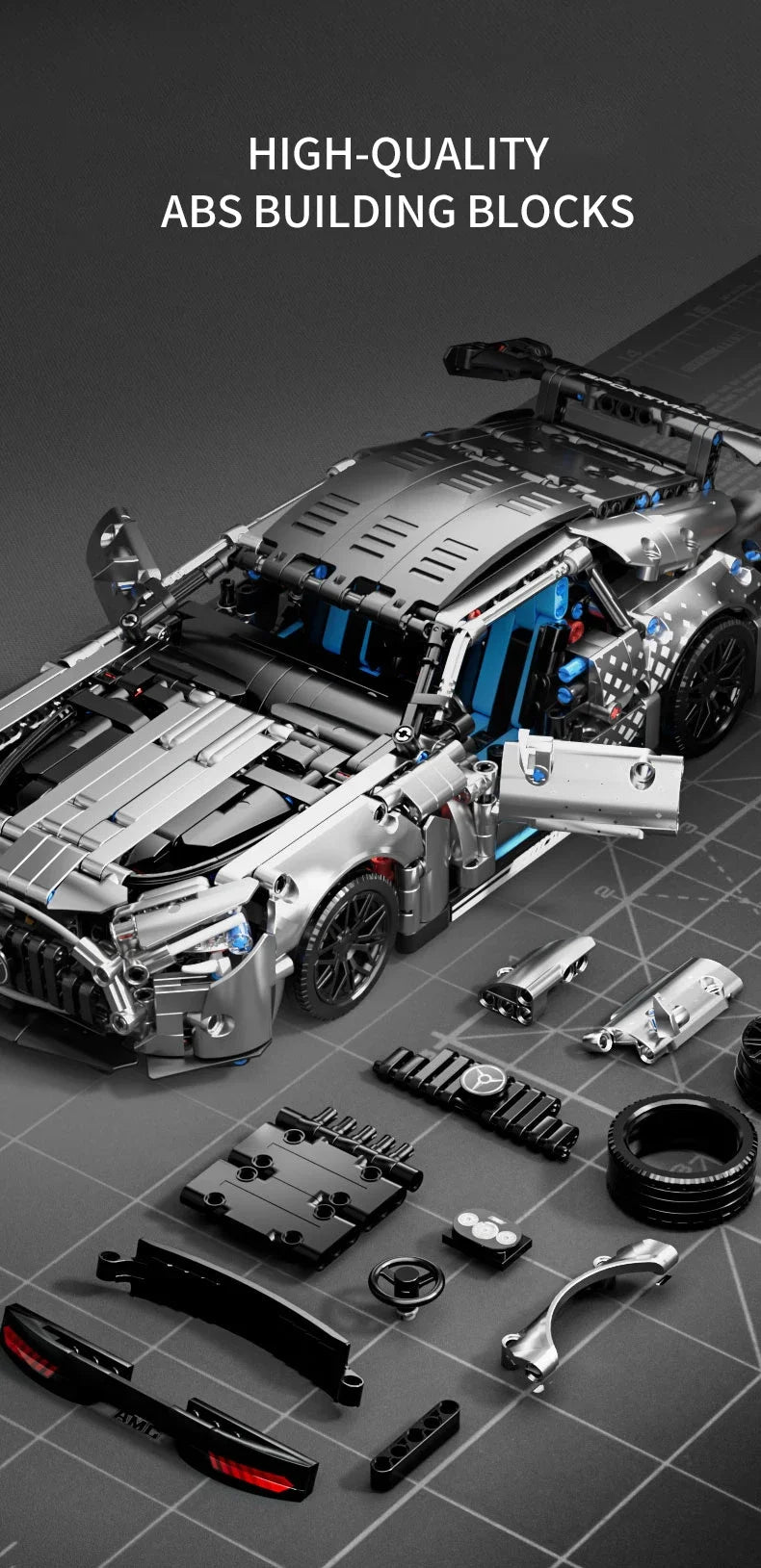 High-quality ABS building blocks of a detailed racing car model kit.