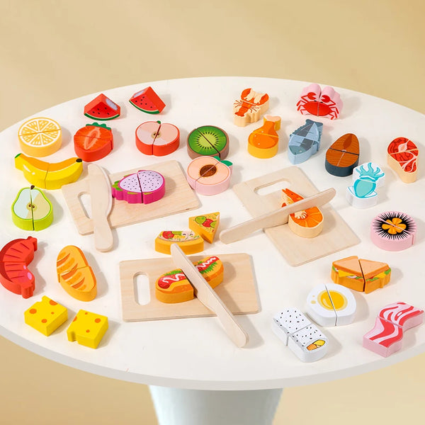 Wooden Pretend Play Kitchen Set with Cutting Fruits and Vegetables