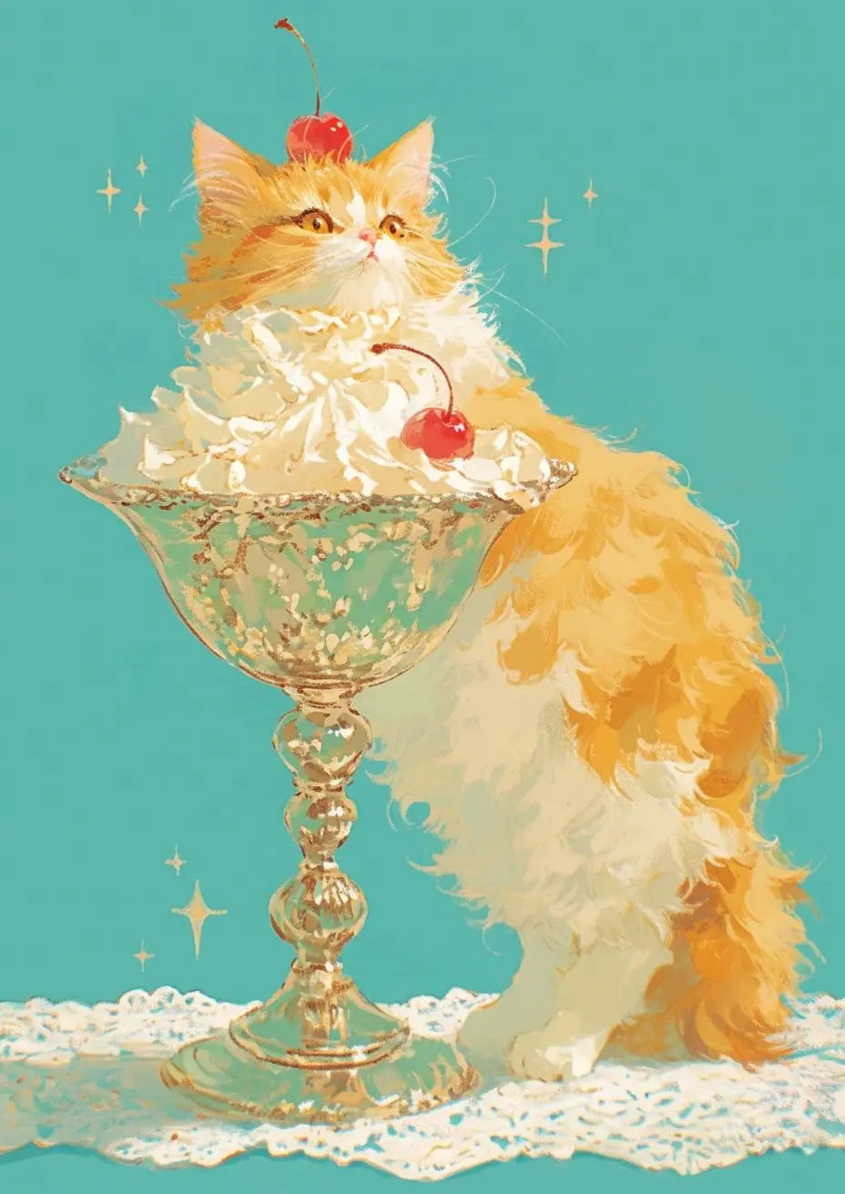 A fluffy orange cat sits beside a glass bowl filled with white foam and a red cherry on a lace cloth.