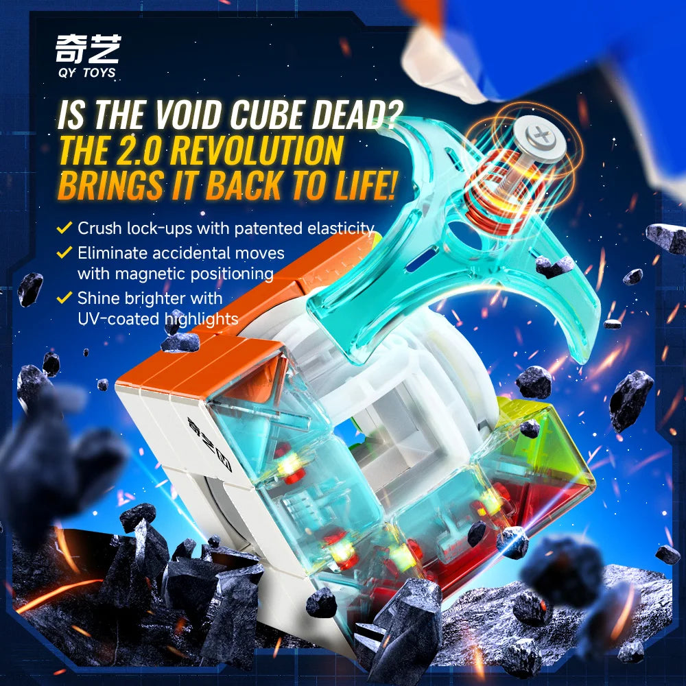 A bright blue magnetic cube puzzle is shown with scattered black pieces and glowing effects.