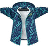 A blue and teal patterned kids waterproof winter jacket with a hood, shown fully zipped.
