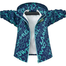 A blue and teal patterned kids waterproof winter jacket with a hood, shown fully zipped.