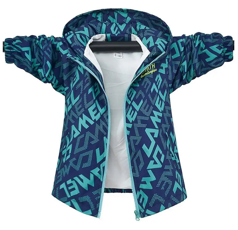 A blue and teal patterned kids waterproof winter jacket with a hood, shown fully zipped.