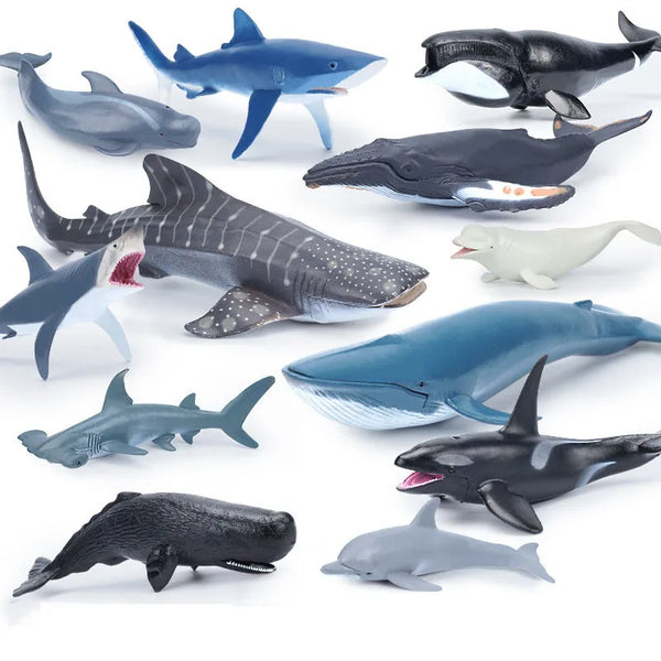 A collection of realistic ocean animal figurines including sharks, dolphins, and marine life toys.