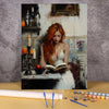 A painting by numbers kit showing an elegant woman portrait with flowing red hair and a white dress.