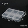 A clear plastic storage box with six compartments or grids for organizing small items like jewelry and craft supplies.