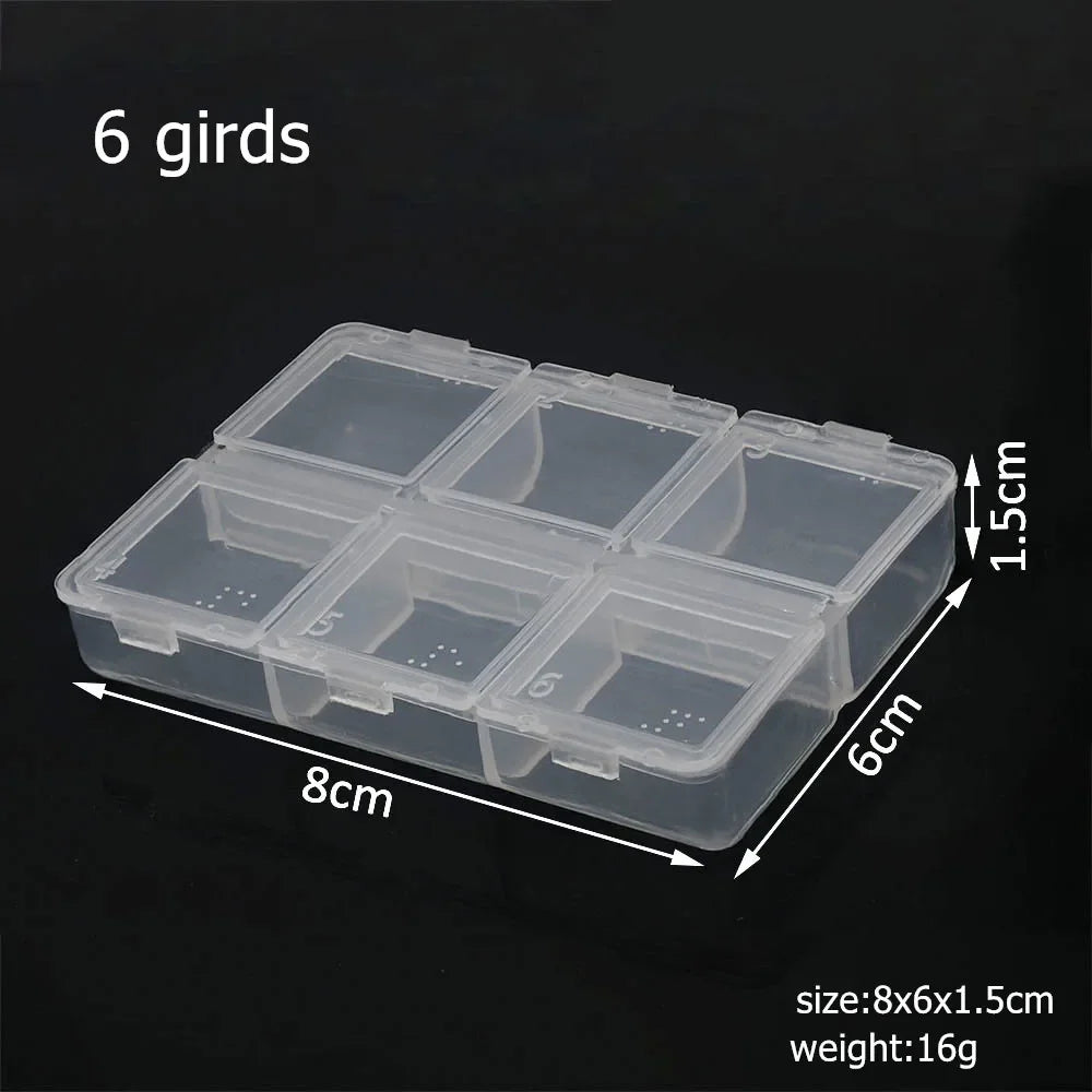 A clear plastic storage box with six compartments or grids for organizing small items like jewelry and craft supplies.