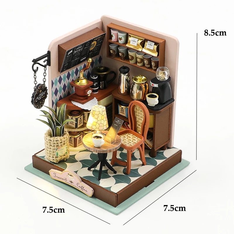 A wooden dollhouse featuring furniture, accessories, and LED lighting components.