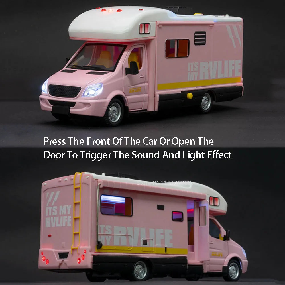A pink 1:32 scale diecast camping RV with lights and sound effects.